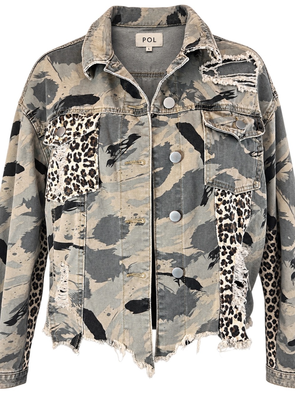 POL Camo Leopard Distressed Denim Jacket Size L